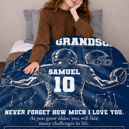 To My Grandson Never Forget Love You Football Player Helmet - Personalized Custom Blanket - GSN197_BLK