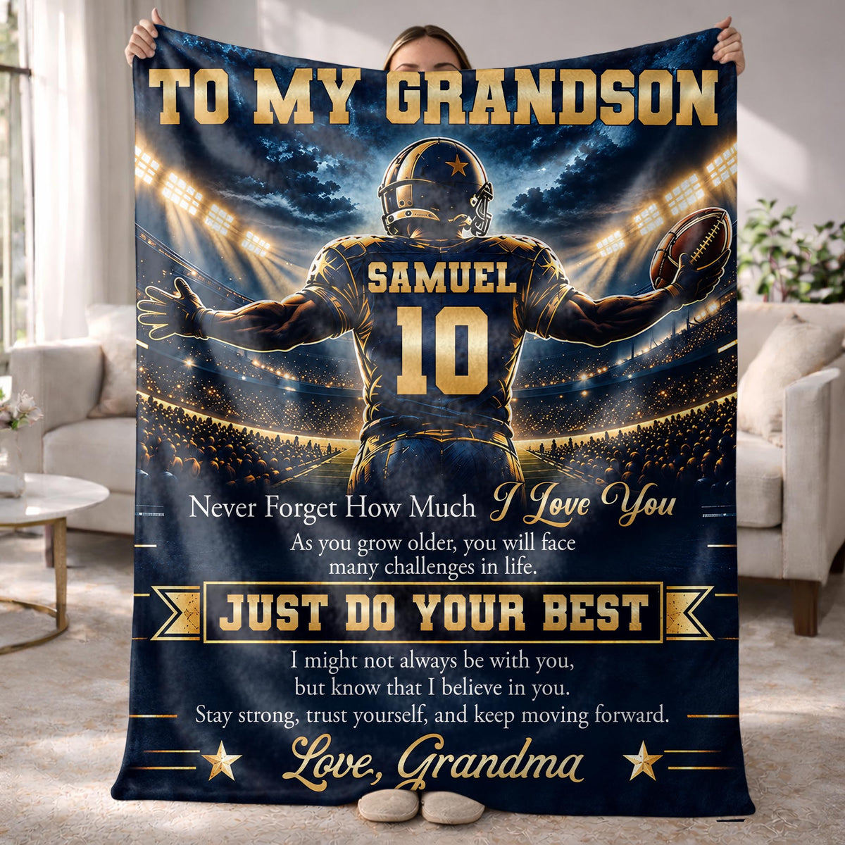 To My Grandson Never Forget Just Do Your Best Football Player - Personalized Custom Blanket - GSN198_BLK