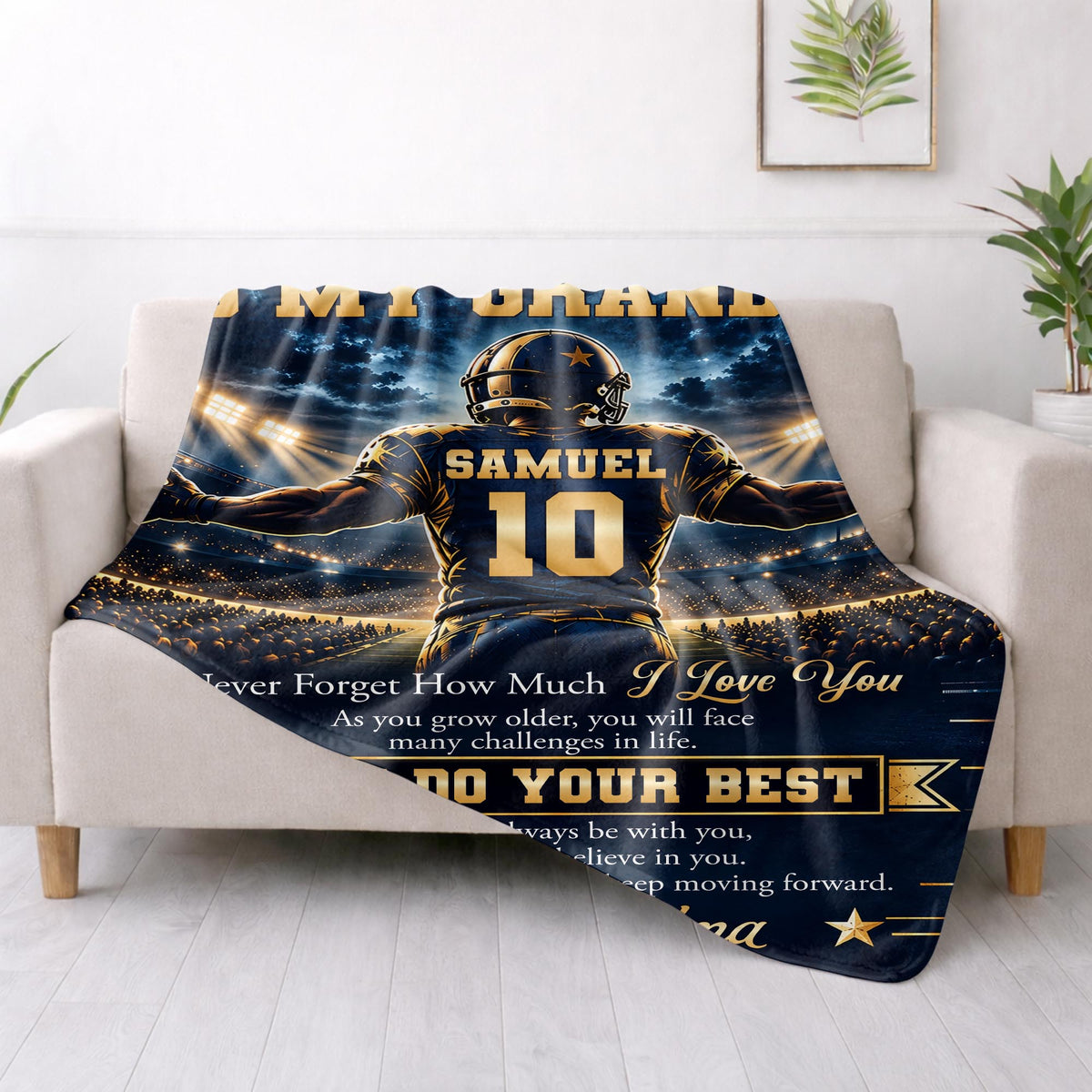 To My Grandson Never Forget Just Do Your Best Football Player - Personalized Custom Blanket - GSN198_BLK