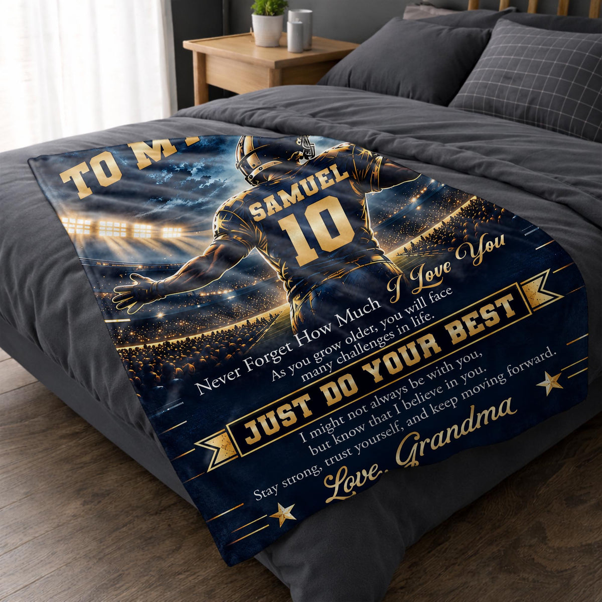 To My Grandson Never Forget Just Do Your Best Football Player - Personalized Custom Blanket - GSN198_BLK