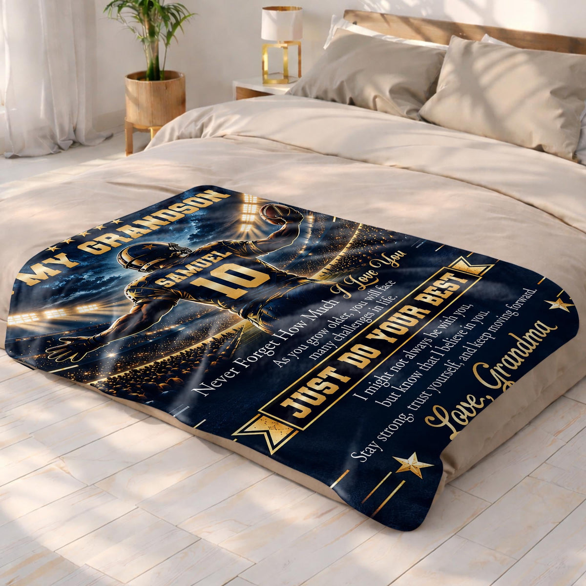 To My Grandson Never Forget Just Do Your Best Football Player - Personalized Custom Blanket - GSN198_BLK