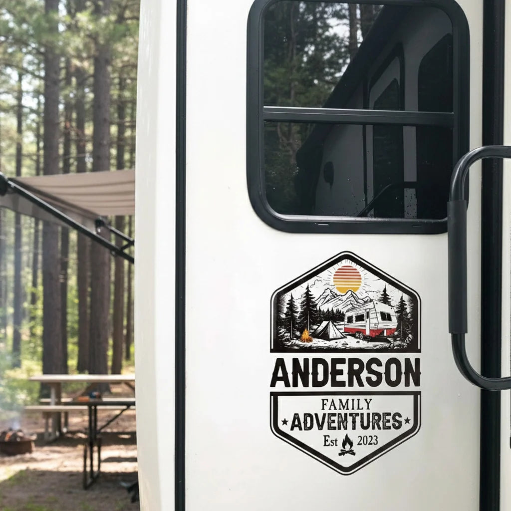Custom RV Camper Family Adventure Sticker Decal - Mountain Camping Design Gift for Travelers
