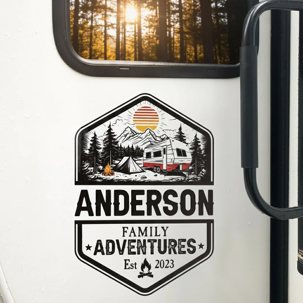 Custom RV Camper Family Adventure Sticker Decal - Mountain Camping Design Gift for Travelers