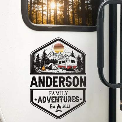 Custom RV Camper Family Adventure Sticker Decal - Mountain Camping Design Gift for Travelers