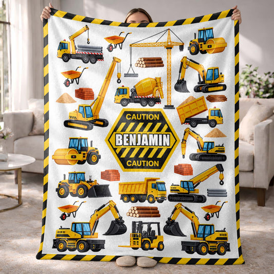 Caution Construction Vehicles With Excavator Crane And Dump Truck - Personalized Custom Blanket - HOB650_BLK