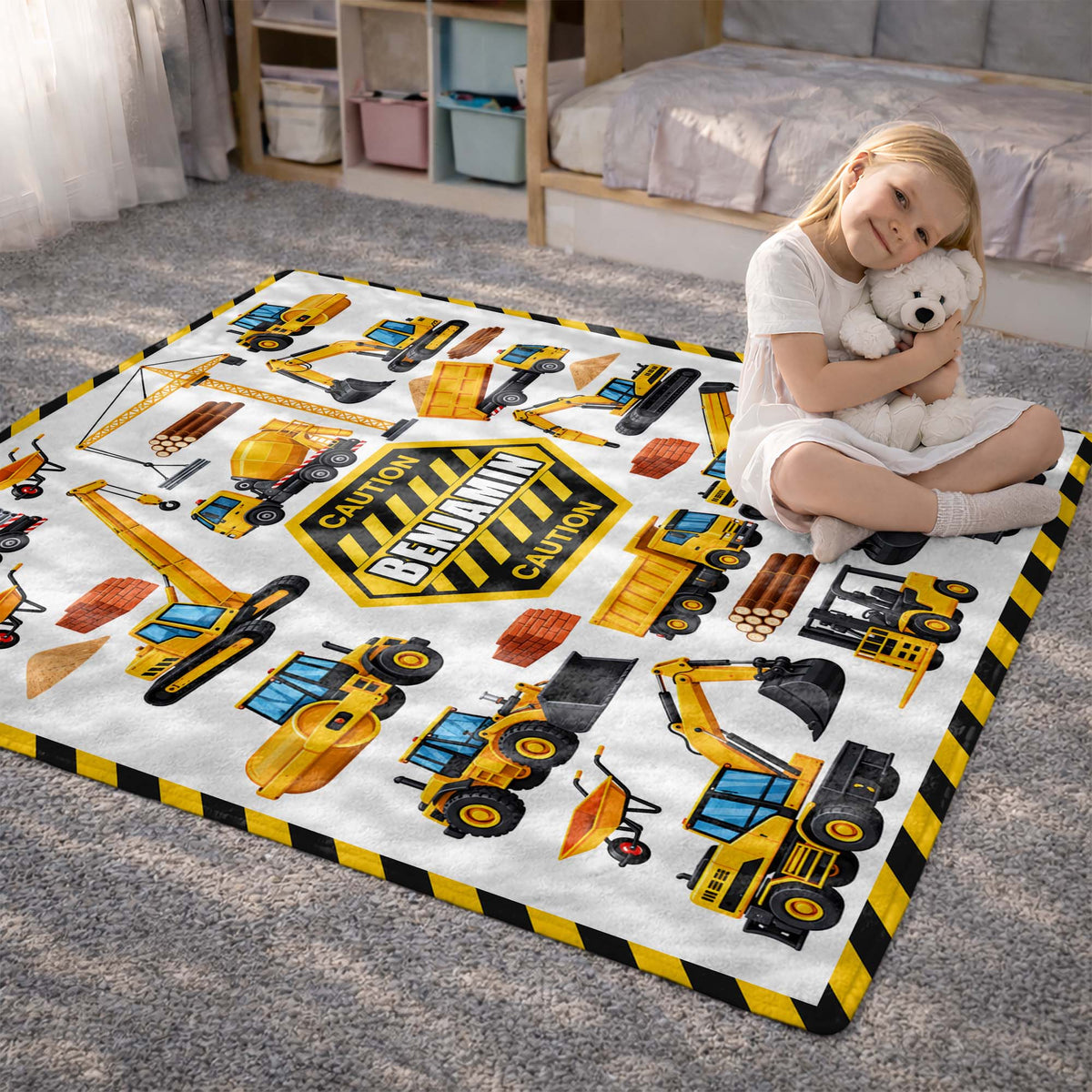 Caution Construction Vehicles With Excavator Crane And Dump Truck - Personalized Custom Blanket - HOB650_BLK