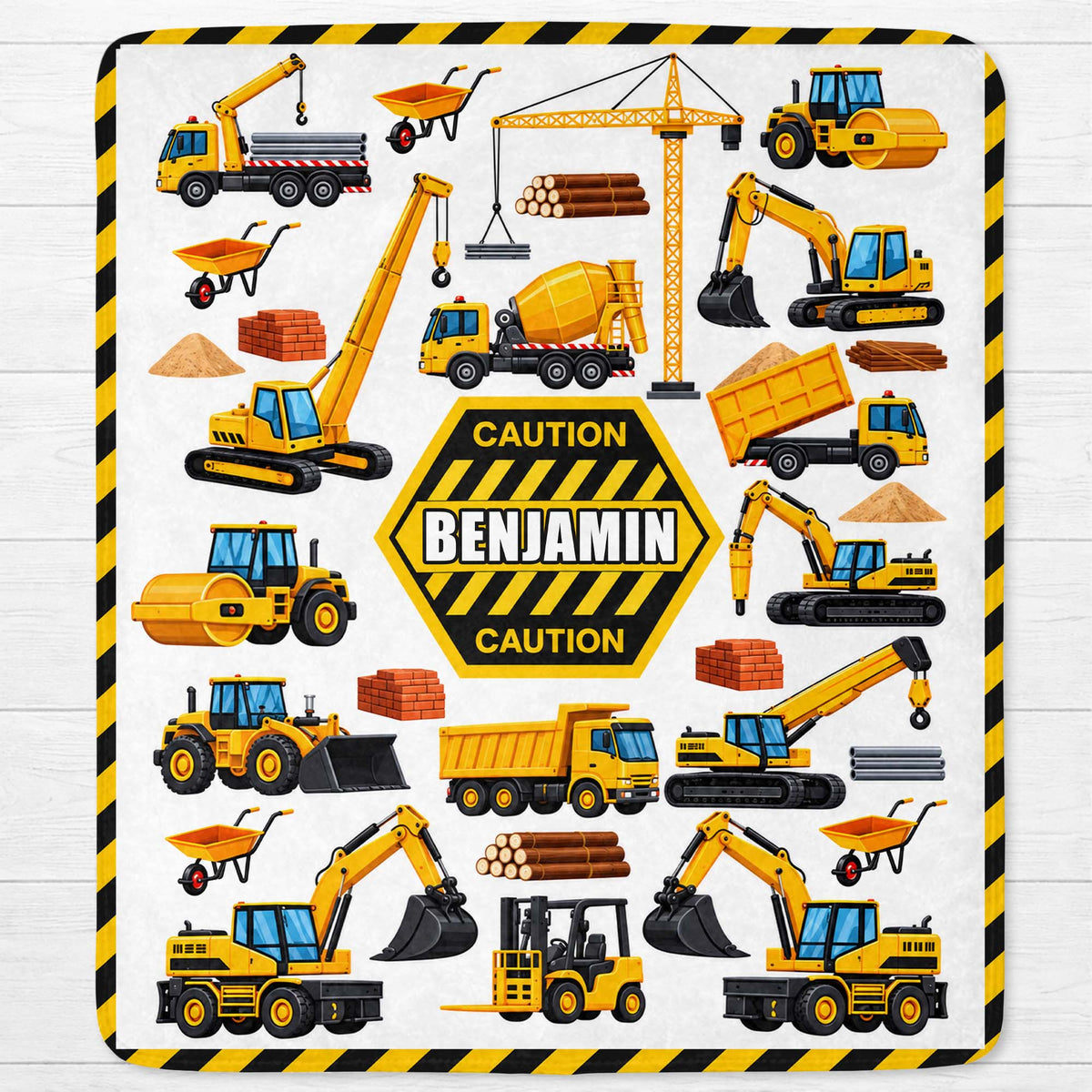 Caution Construction Vehicles With Excavator Crane And Dump Truck - Personalized Custom Blanket - HOB650_BLK