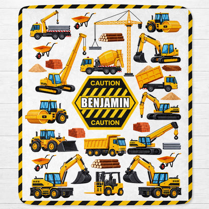 Caution Construction Vehicles With Excavator Crane And Dump Truck - Personalized Custom Blanket - HOB650_BLK