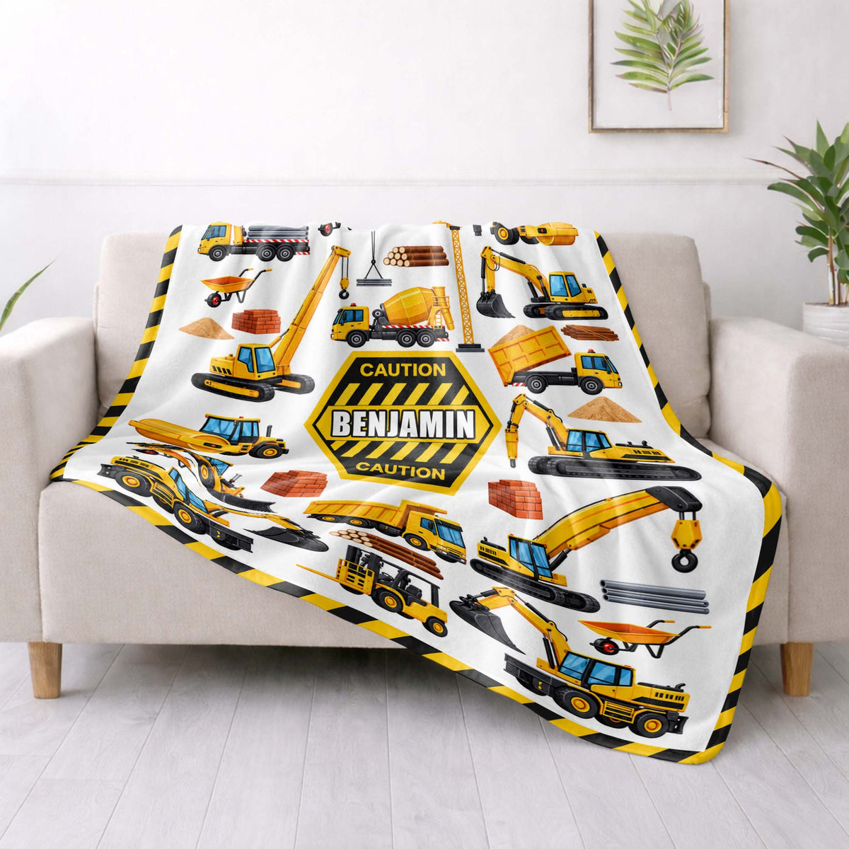 Caution Construction Vehicles With Excavator Crane And Dump Truck - Personalized Custom Blanket - HOB650_BLK