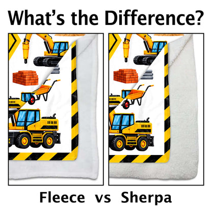 Caution Construction Vehicles With Excavator Crane And Dump Truck - Personalized Custom Blanket - HOB650_BLK