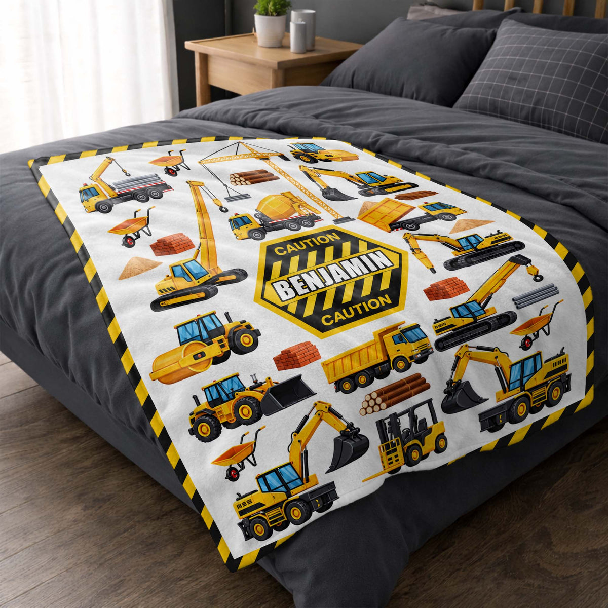 Caution Construction Vehicles With Excavator Crane And Dump Truck - Personalized Custom Blanket - HOB650_BLK