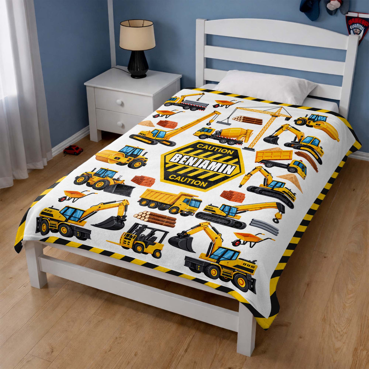 Caution Construction Vehicles With Excavator Crane And Dump Truck - Personalized Custom Blanket - HOB650_BLK
