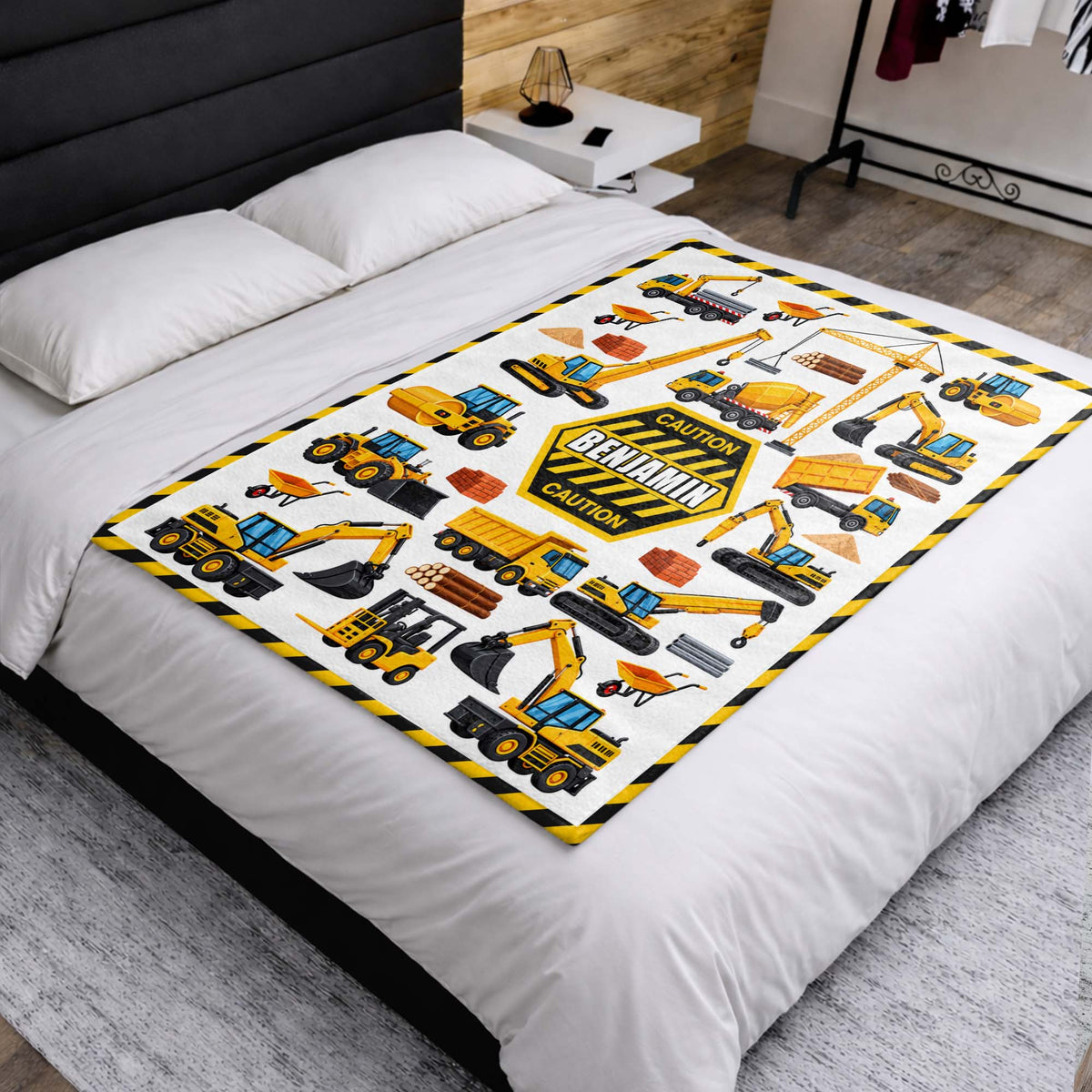 Caution Construction Vehicles With Excavator Crane And Dump Truck - Personalized Custom Blanket - HOB650_BLK