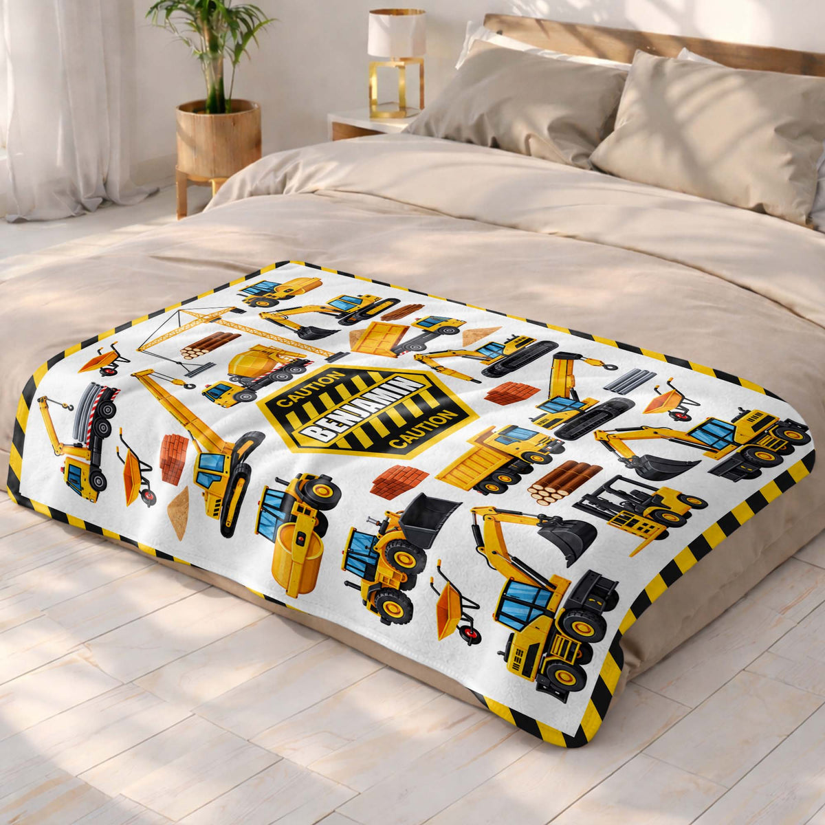 Caution Construction Vehicles With Excavator Crane And Dump Truck - Personalized Custom Blanket - HOB650_BLK