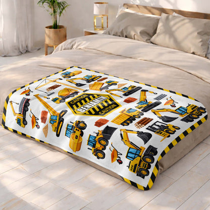 Caution Construction Vehicles With Excavator Crane And Dump Truck - Personalized Custom Blanket - HOB650_BLK