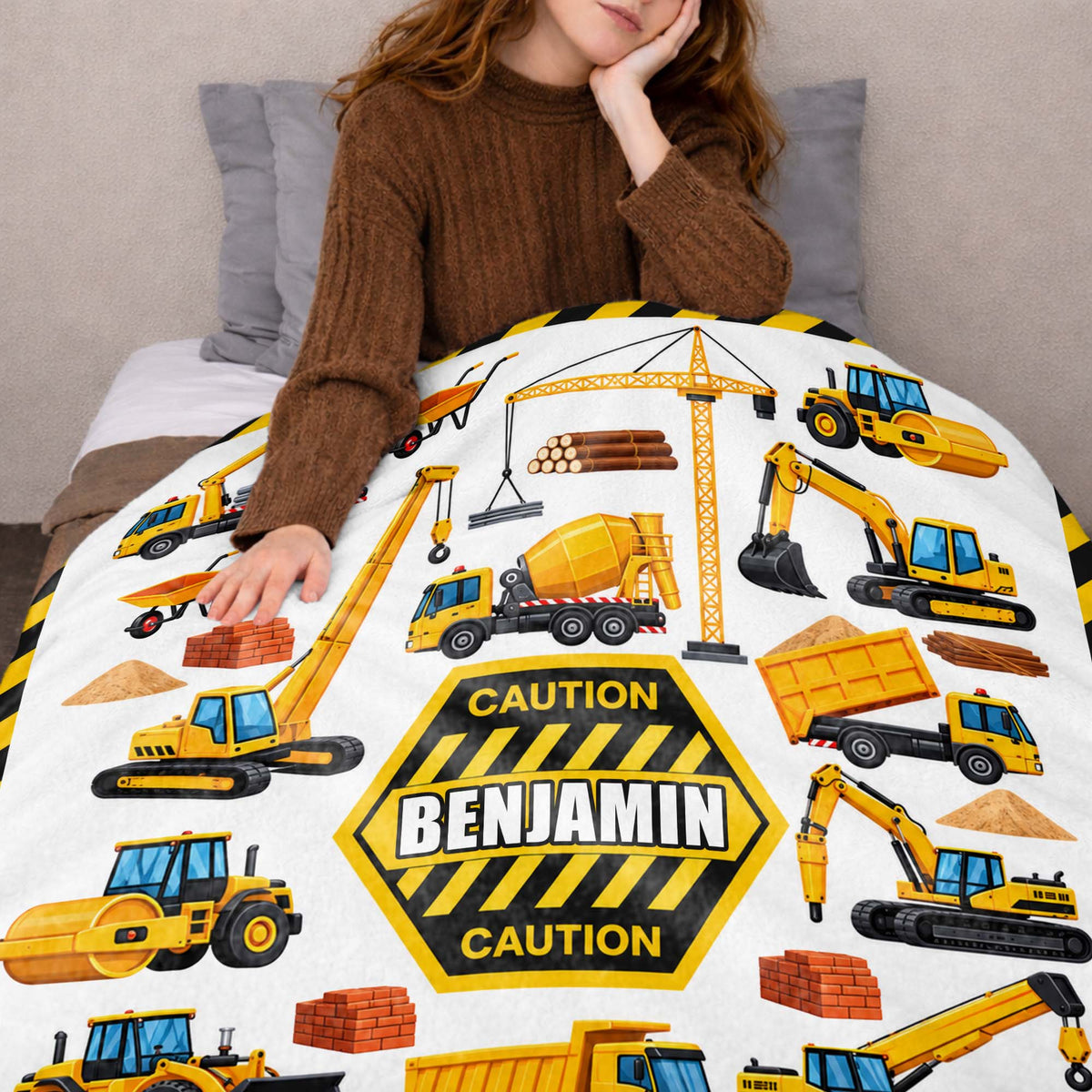 Caution Construction Vehicles With Excavator Crane And Dump Truck - Personalized Custom Blanket - HOB650_BLK