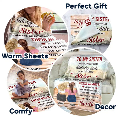 Side by Side in Heart, No Matter How Far Apart – Personalized Sisters Blanket, Custom Names & Characters Hug Gift