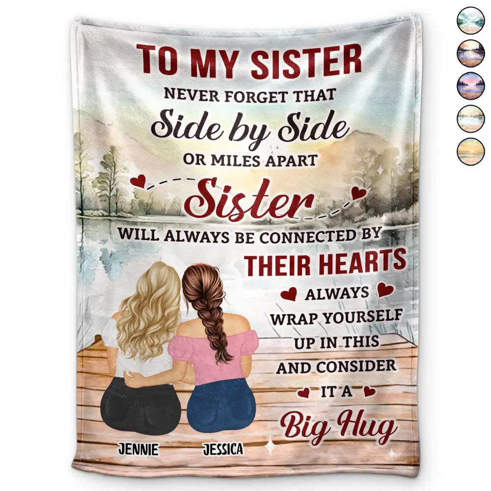Side by Side in Heart, No Matter How Far Apart – Personalized Sisters Blanket, Custom Names & Characters Hug Gift