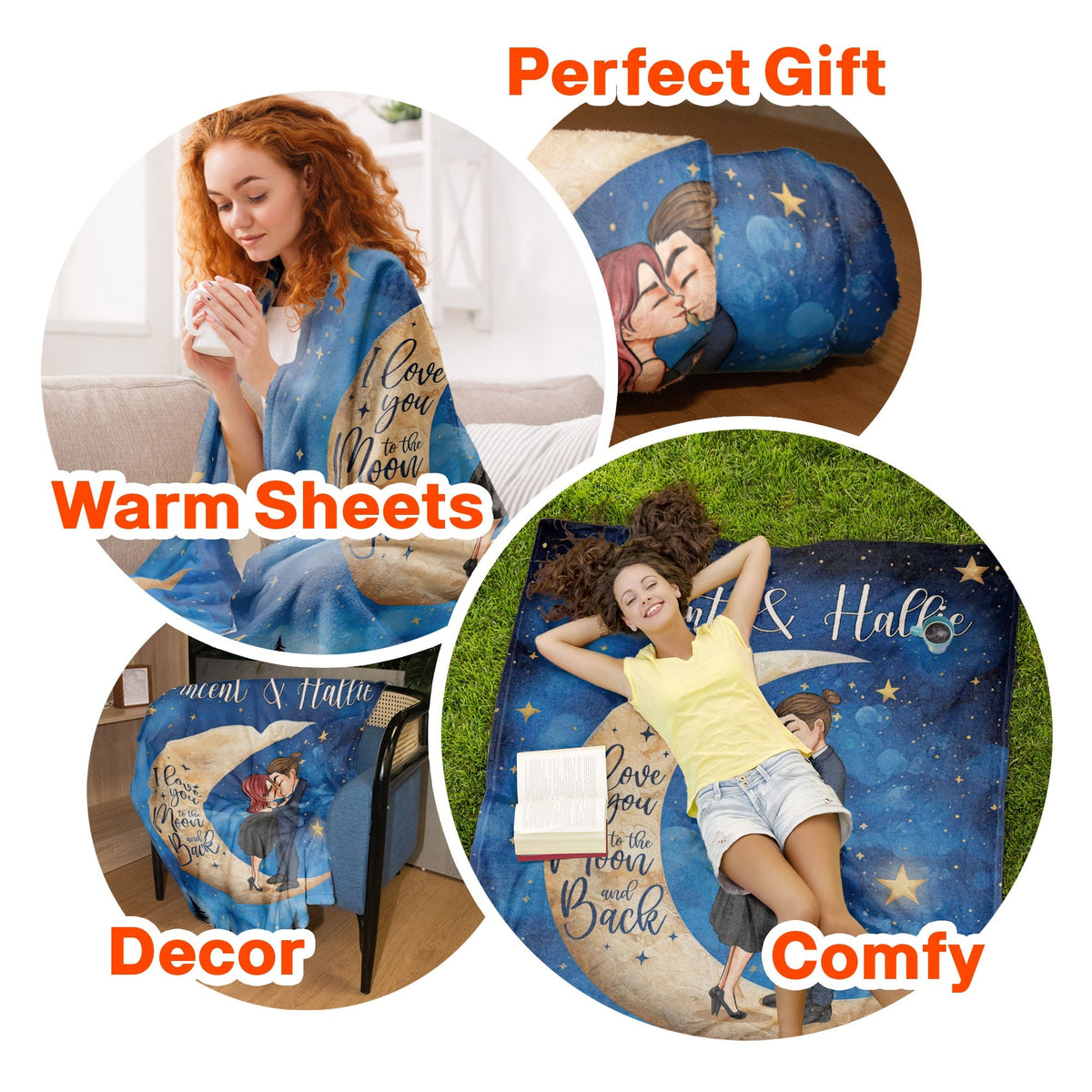 "I Love You To The Moon And Back" Personalized Couple Throw Blanket, Romantic Custom Gift For Lovers
