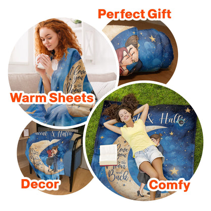"I Love You To The Moon And Back" Personalized Couple Throw Blanket, Romantic Custom Gift For Lovers