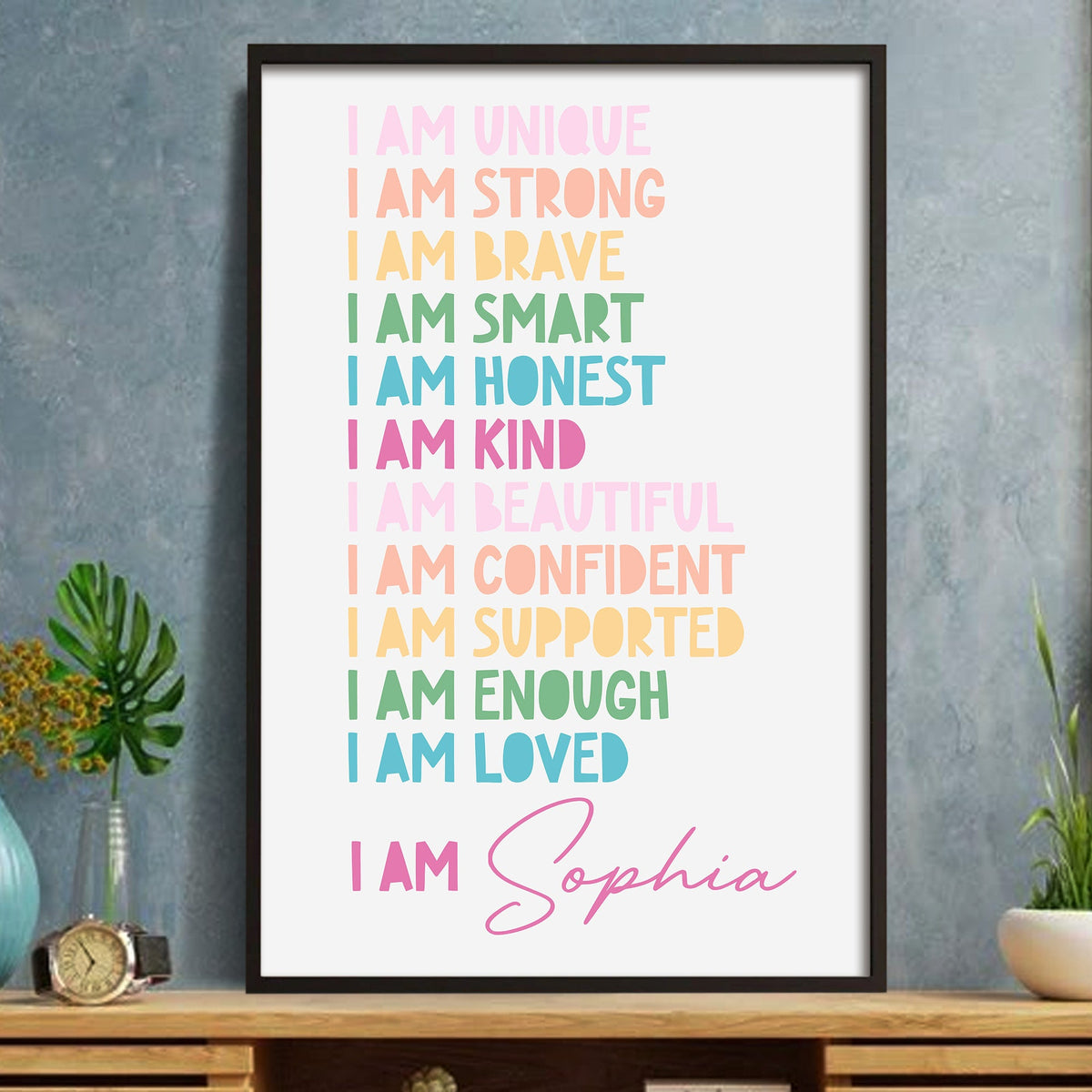 Little Heart, Big Confidence – Personalized Kids Affirmation Wall Art with Black Frame, Inspirational Poster for Brave, Strong & Unique Children