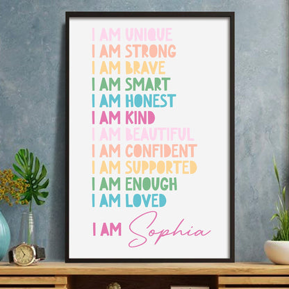 Little Heart, Big Confidence – Personalized Kids Affirmation Wall Art with Black Frame, Inspirational Poster for Brave, Strong & Unique Children