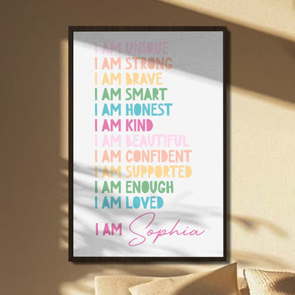 Little Heart, Big Confidence – Personalized Kids Affirmation Wall Art with Black Frame, Inspirational Poster for Brave, Strong & Unique Children