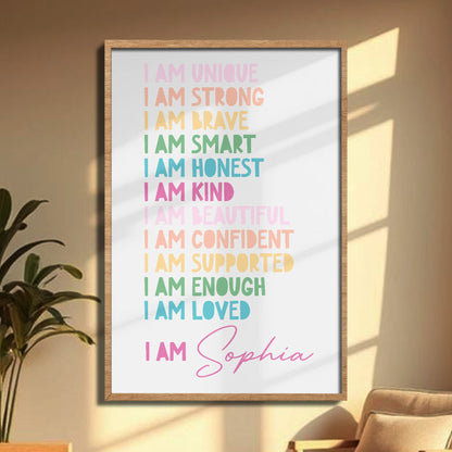 Little Heart, Big Confidence – Personalized Kids Affirmation Wall Art with Black Frame, Inspirational Poster for Brave, Strong & Unique Children