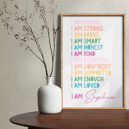 Little Heart, Big Confidence – Personalized Kids Affirmation Wall Art with Black Frame, Inspirational Poster for Brave, Strong & Unique Children