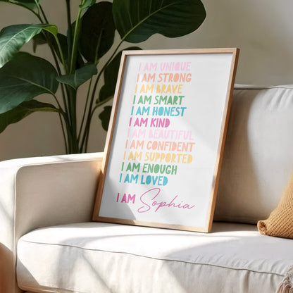 Little Heart, Big Confidence – Personalized Kids Affirmation Wall Art with Black Frame, Inspirational Poster for Brave, Strong & Unique Children