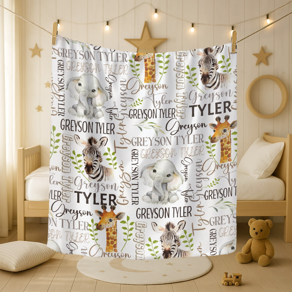 Little Explorers, Big Adventures Together – Personalized Safari Animal Blanket, Custom Names Gift for Kids