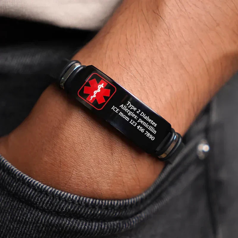 Personalized Black Silicone Bracelet with Red Medical Symbol, Unique Gift for Mom & Dad