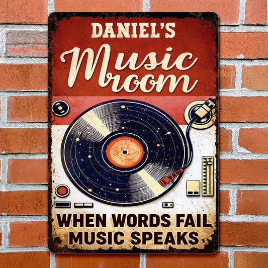 Where Words End, Music Begins – Personalized Vinyl Record Metal Sign, Custom Name Music Room Wall Decor