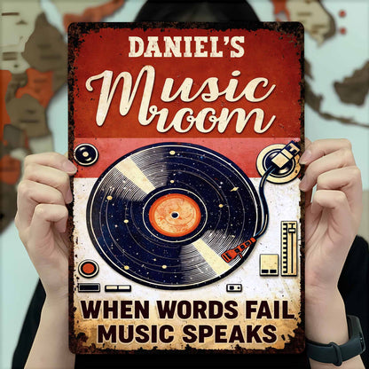 Where Words End, Music Begins – Personalized Vinyl Record Metal Sign, Custom Name Music Room Wall Decor