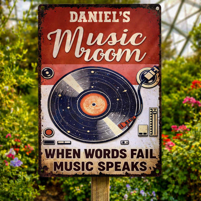 Where Words End, Music Begins – Personalized Vinyl Record Metal Sign, Custom Name Music Room Wall Decor