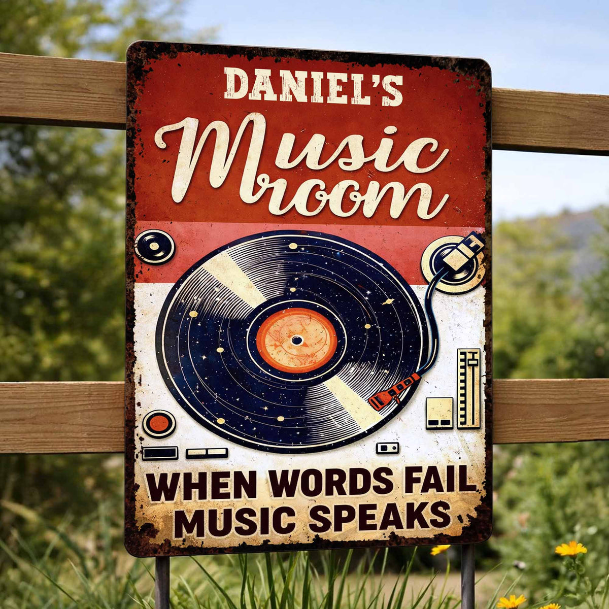 Where Words End, Music Begins – Personalized Vinyl Record Metal Sign, Custom Name Music Room Wall Decor