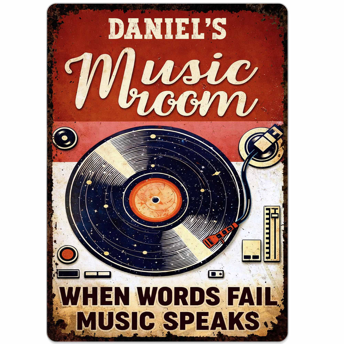 Where Words End, Music Begins – Personalized Vinyl Record Metal Sign, Custom Name Music Room Wall Decor