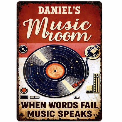 Where Words End, Music Begins – Personalized Vinyl Record Metal Sign, Custom Name Music Room Wall Decor