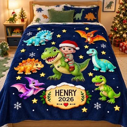 Personalized Dinosaur Fleece Blanket, Child Riding a Dinosaur in a Snowy Christmas Scene, Unique Gift for Kids