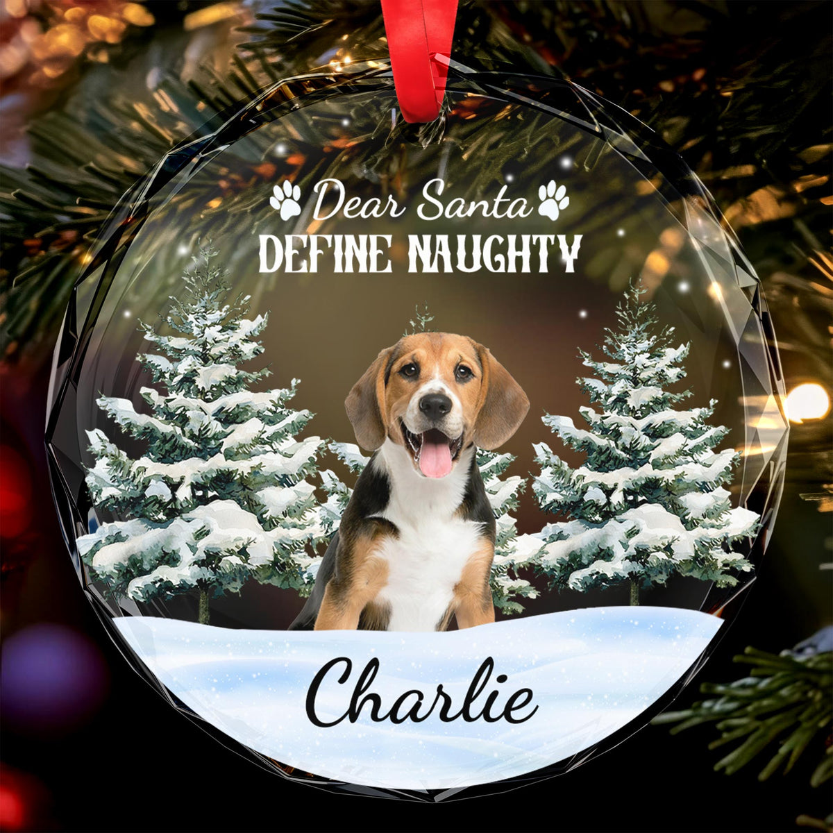 Dear Santa Define Naughty With Cute Dog and Snow Scene - Personalized Custom Circle Glass Ornament - PET064_CGOR