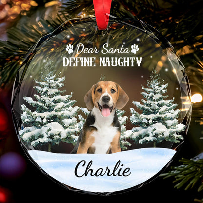 Dear Santa Define Naughty With Cute Dog and Snow Scene - Personalized Custom Circle Glass Ornament - PET064_CGOR