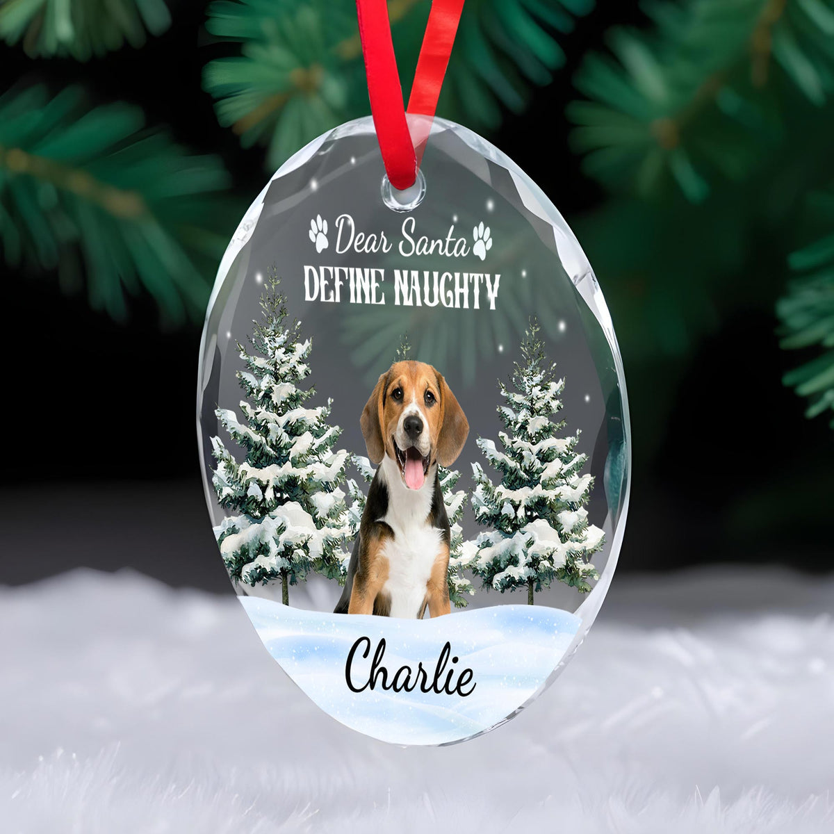 Dear Santa Define Naughty With Cute Dog and Snow Scene - Personalized Custom Circle Glass Ornament - PET064_CGOR