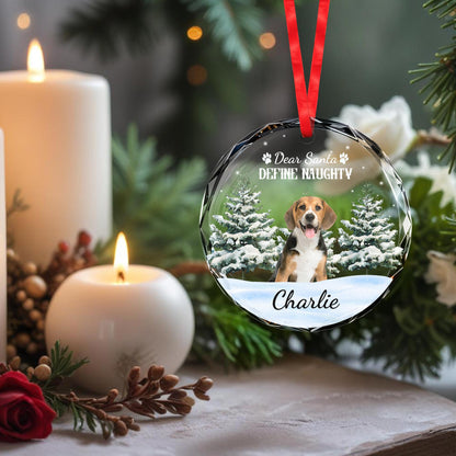 Dear Santa Define Naughty With Cute Dog and Snow Scene - Personalized Custom Circle Glass Ornament - PET064_CGOR