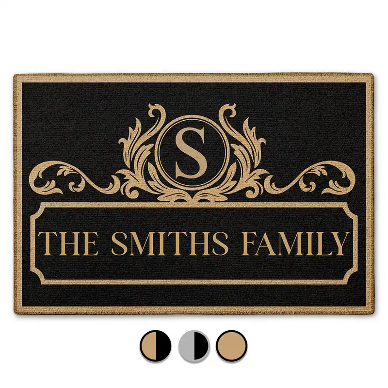 Personalized Monogram Family Standard Doormat, Elegant Black & Gold Entryway Welcome, Unique Housewarming Gift