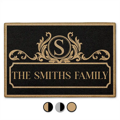 Personalized Monogram Family Standard Doormat, Elegant Black & Gold Entryway Welcome, Unique Housewarming Gift