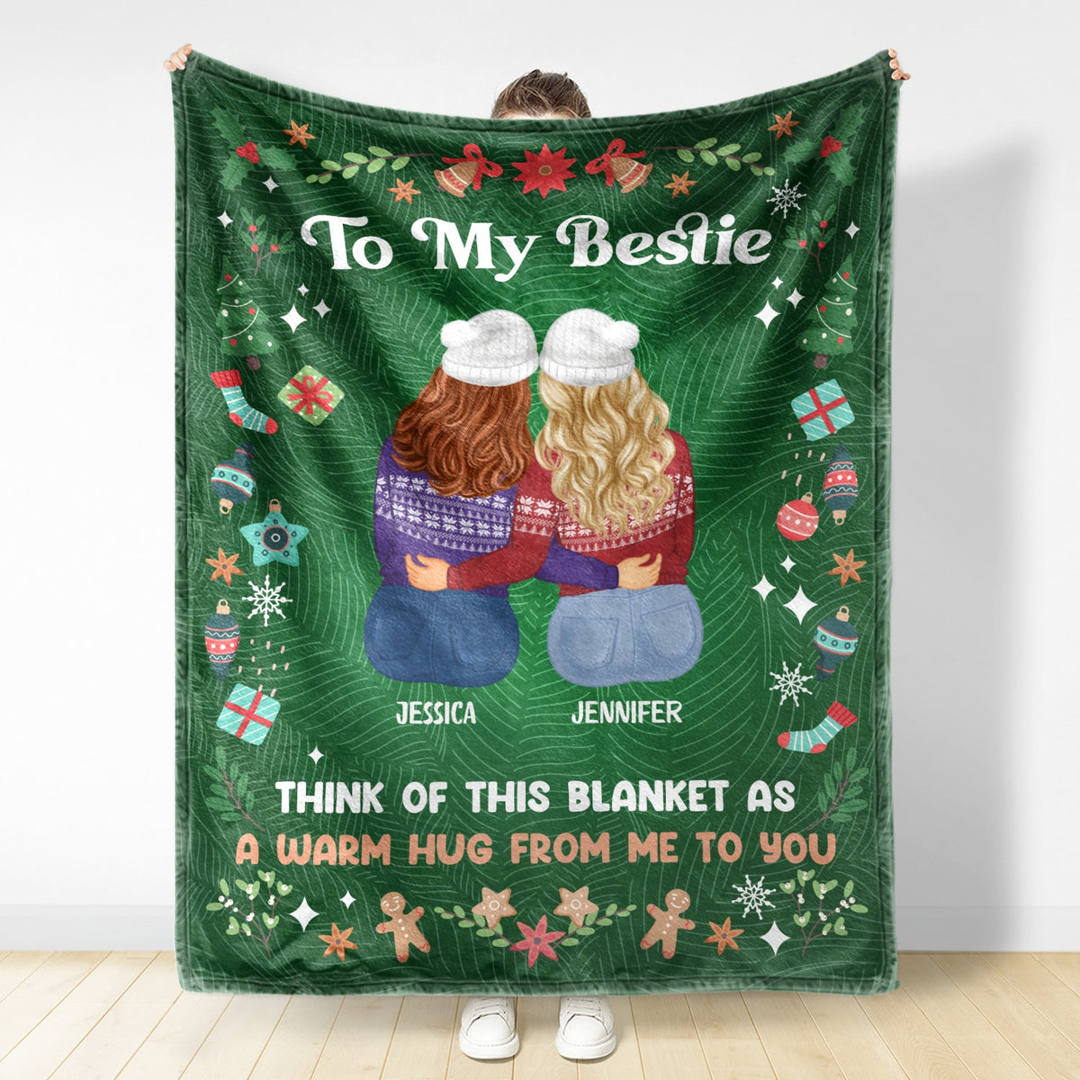 A Christmas Hug, No Matter the Miles – Personalized Sisters & Best Friends Blanket, Custom Names & Characters Friendship Gift