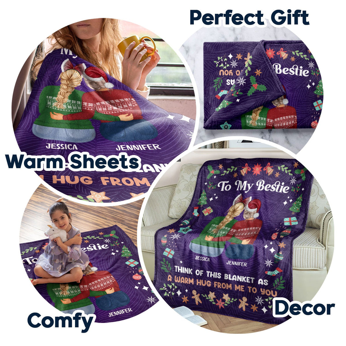 A Christmas Hug, No Matter the Miles – Personalized Sisters & Best Friends Blanket, Custom Names & Characters Friendship Gift