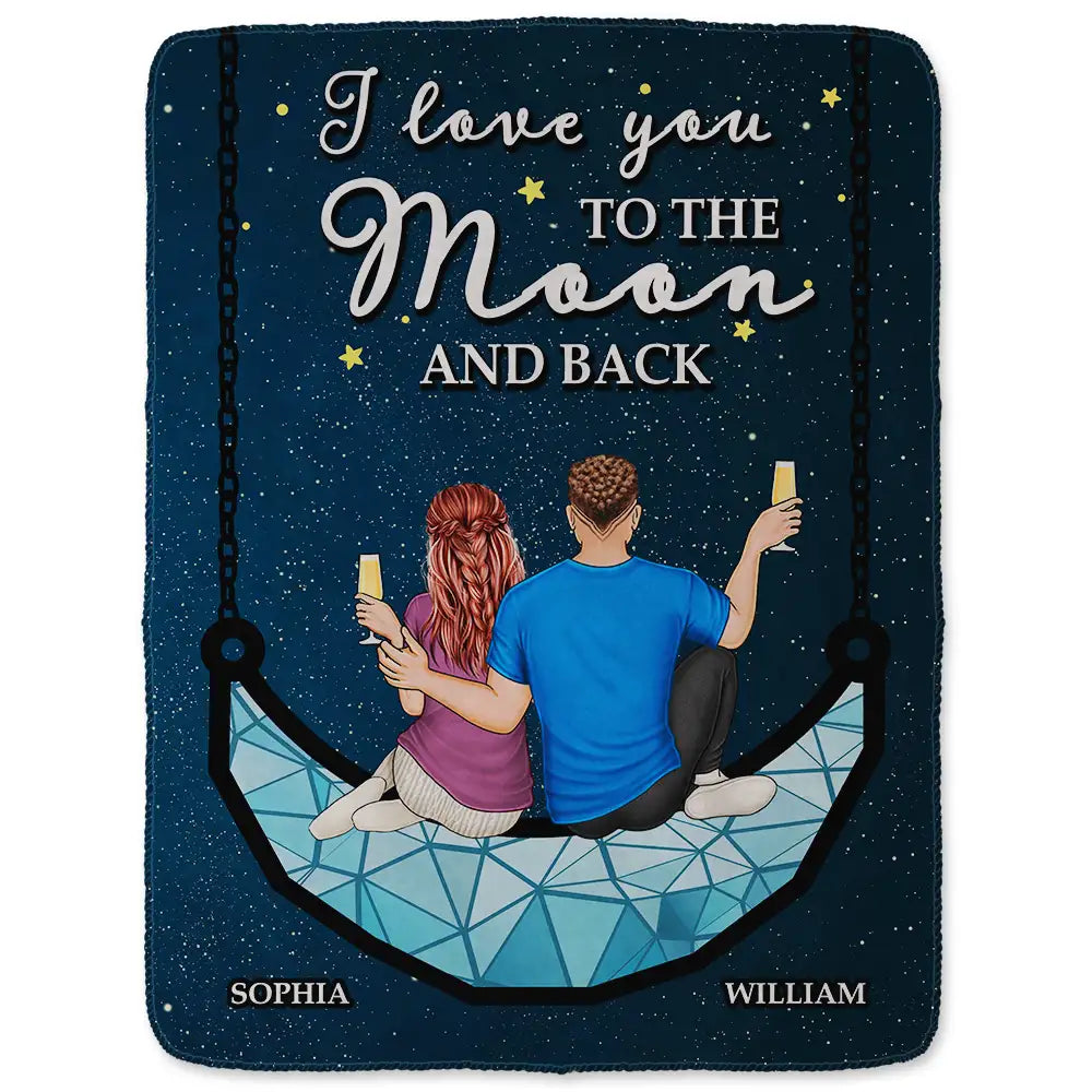 "I Love You To The Moon & Back" Cozy Personalized Couple Throw Blanket, Romantic Custom Gift For Lovers
