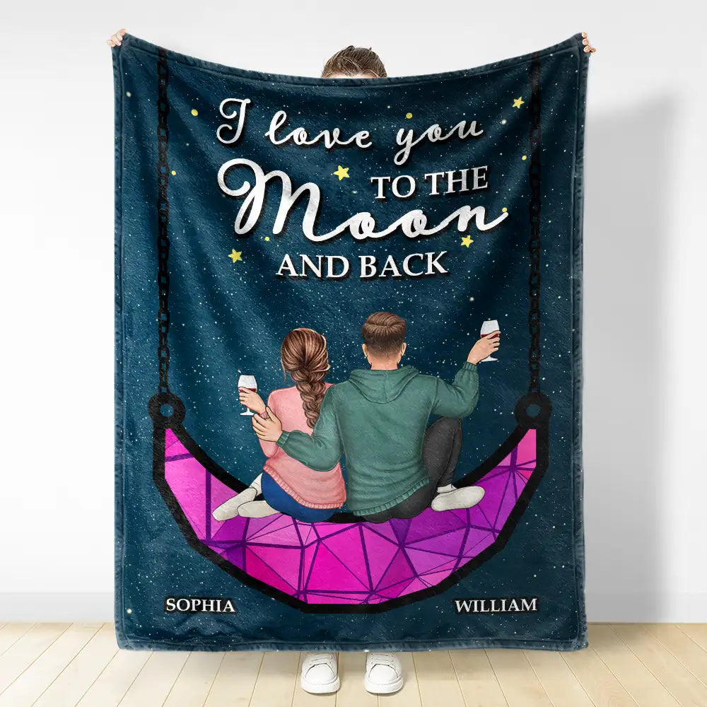"I Love You To The Moon & Back" Cozy Personalized Couple Throw Blanket, Romantic Custom Gift For Lovers