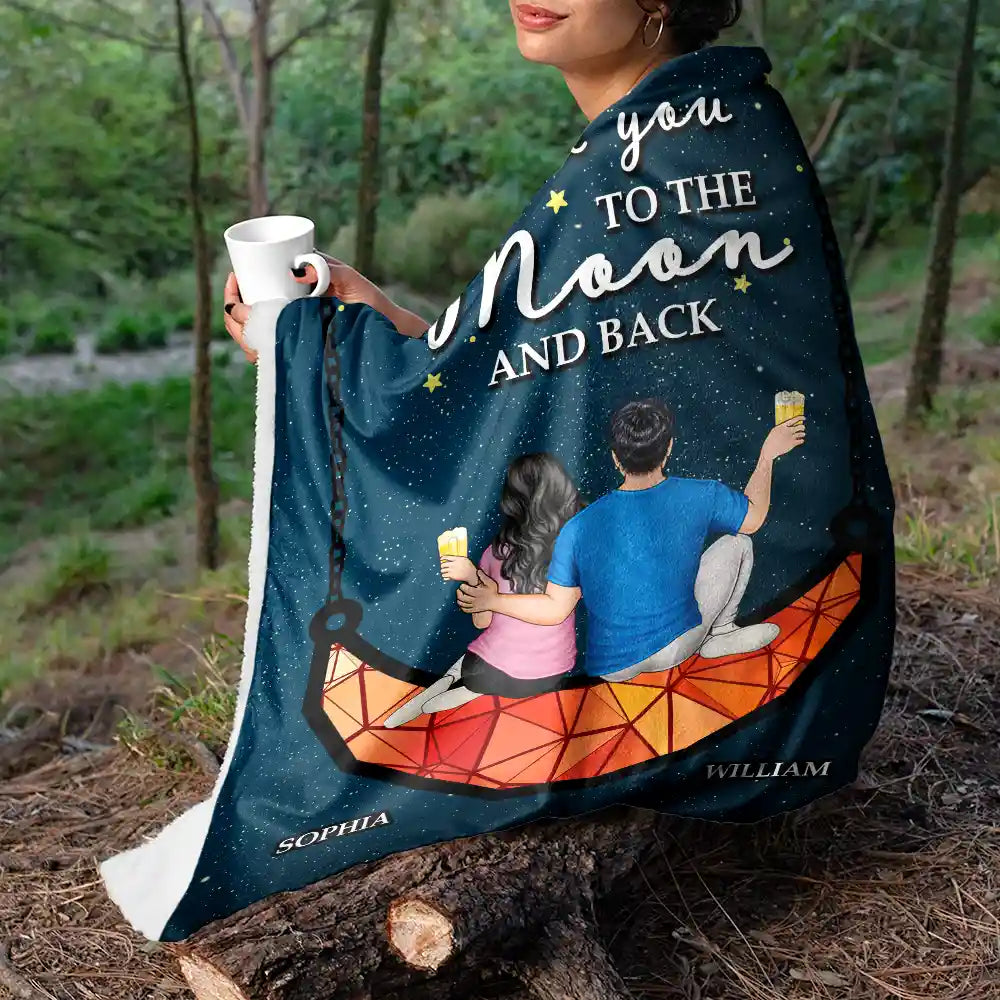 "I Love You To The Moon & Back" Cozy Personalized Couple Throw Blanket, Romantic Custom Gift For Lovers